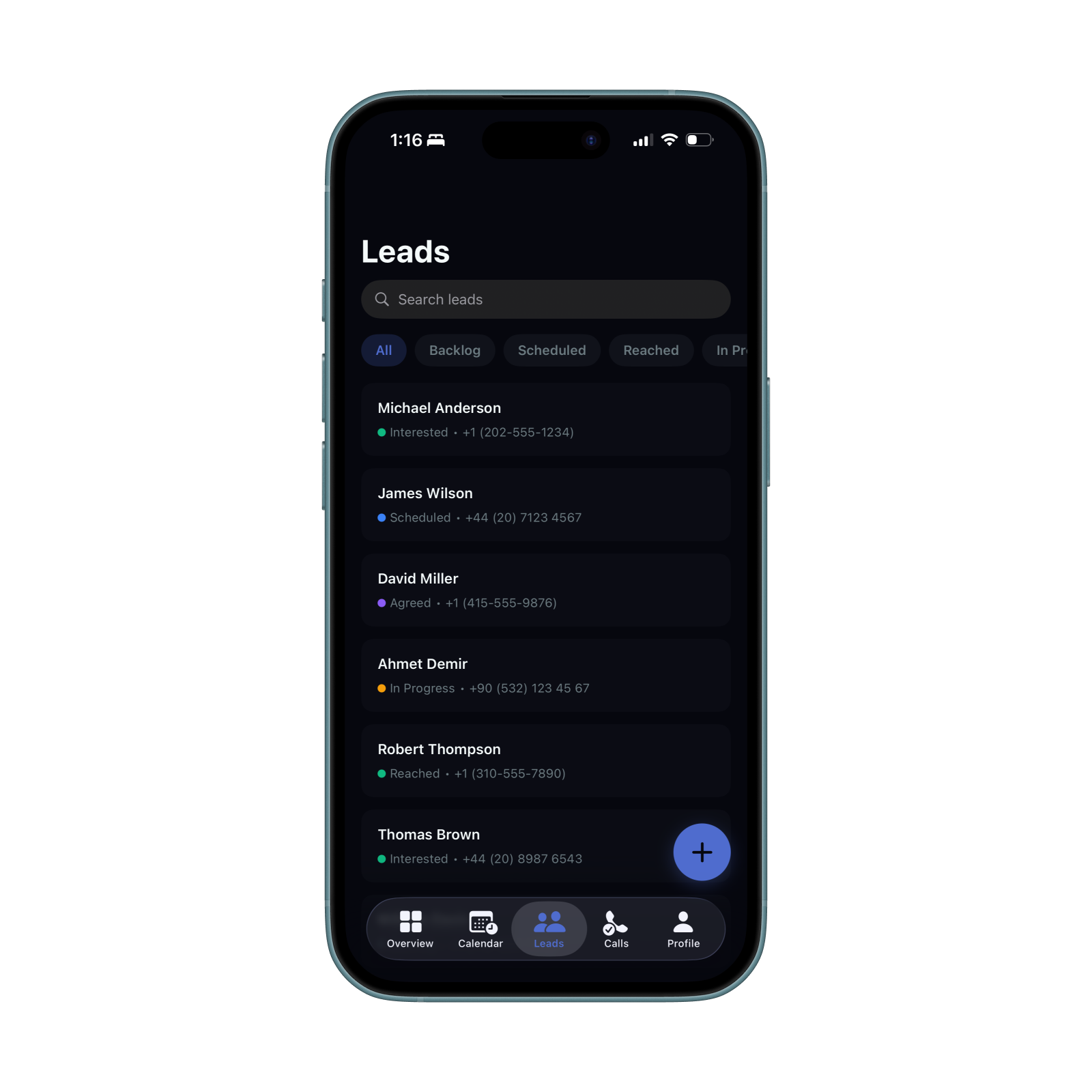 Leads list filtered by status — interested, scheduled, agreed, reached