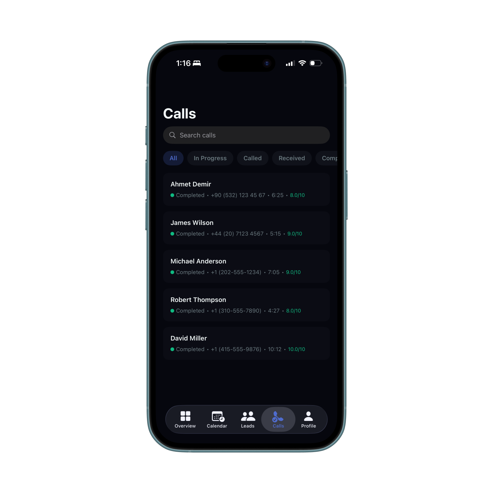 Calls list with AI scores