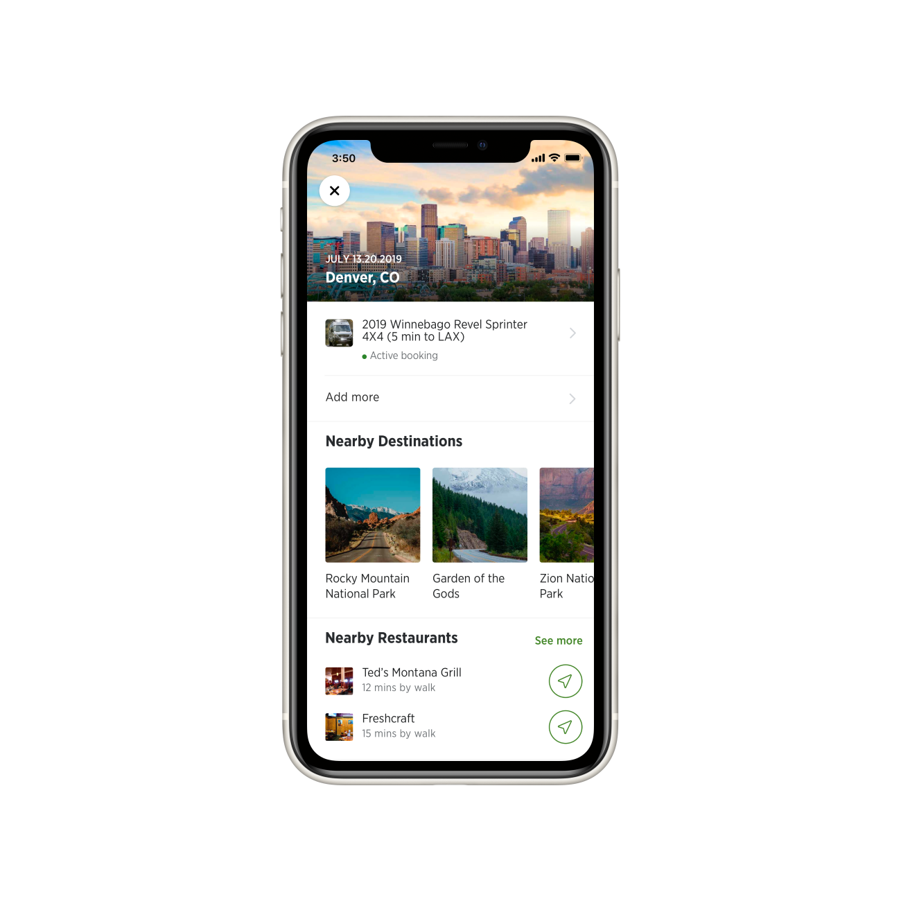 Outdoorsy trip dashboard with nearby destinations