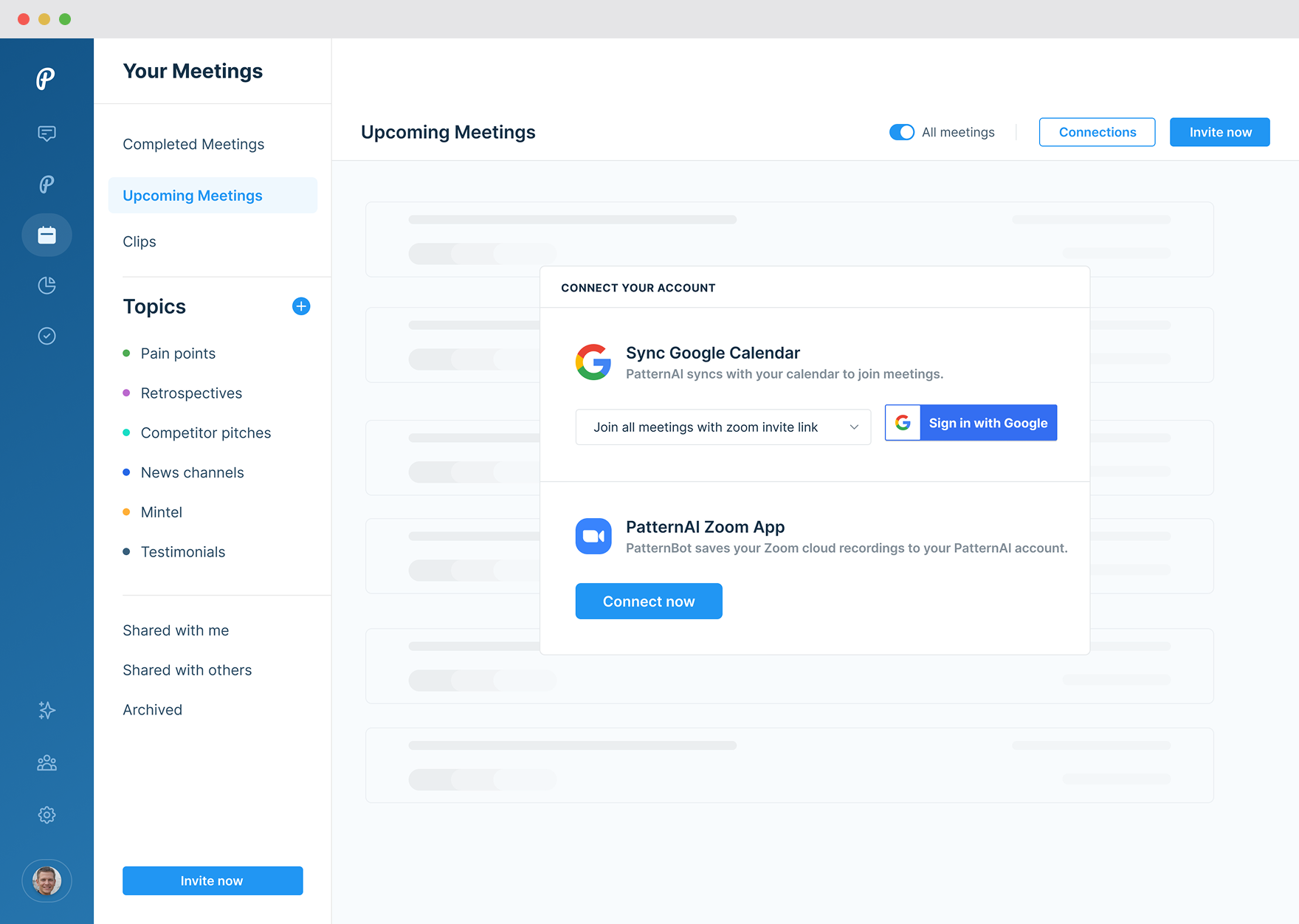 Meetings — upcoming meetings and calendar sync