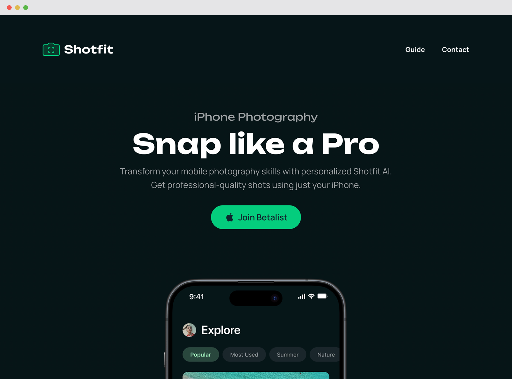 Shotfit landing page — Snap like a Pro